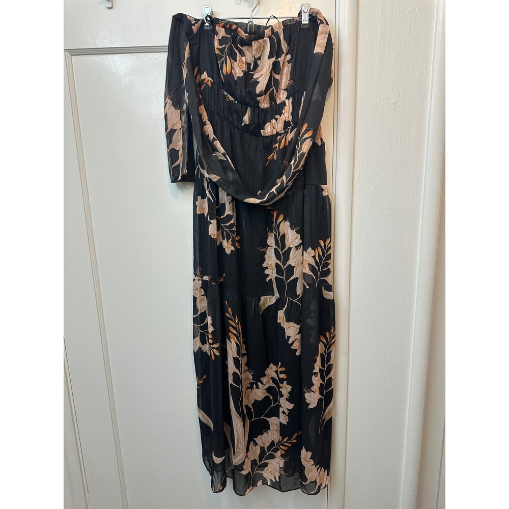 Socialite Floral Off Shoulder Smocked Maxi Dress Black Tan Metallic Large NEW